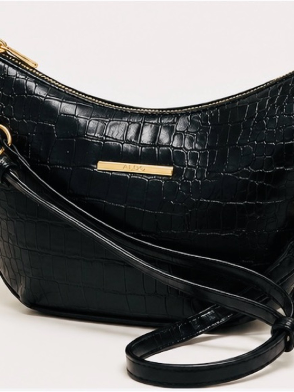 Aldo Black Croc-Embossed Shoulder Hobo with Gold Hardware